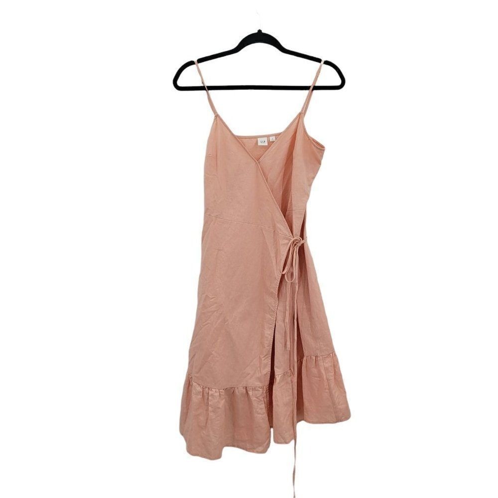 Gap Coastal Cottage Romantic‎ Linen Cami Ruffle Wrap Dress Sz S Pastel Pink